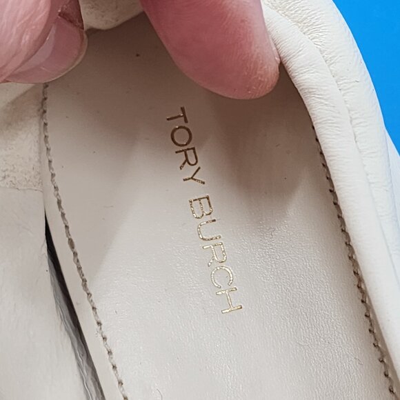 TORY BURCH Runway Leather Ballet Flats Cream Square Toe Stretch - Picture 5 of 6